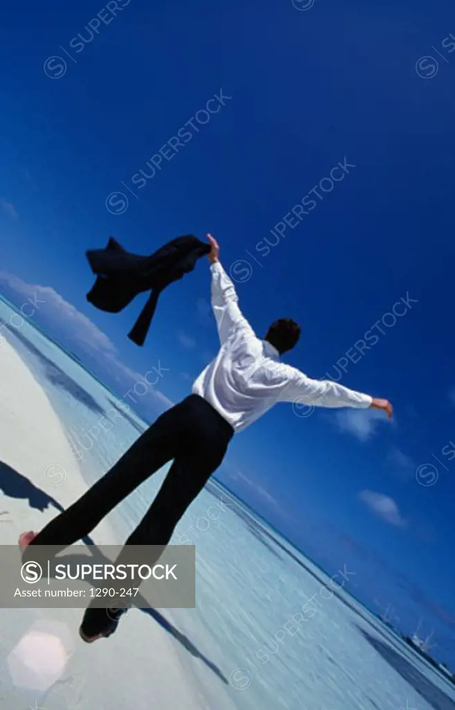 Rear view of a businessman standing on the beach with his arms outstretched