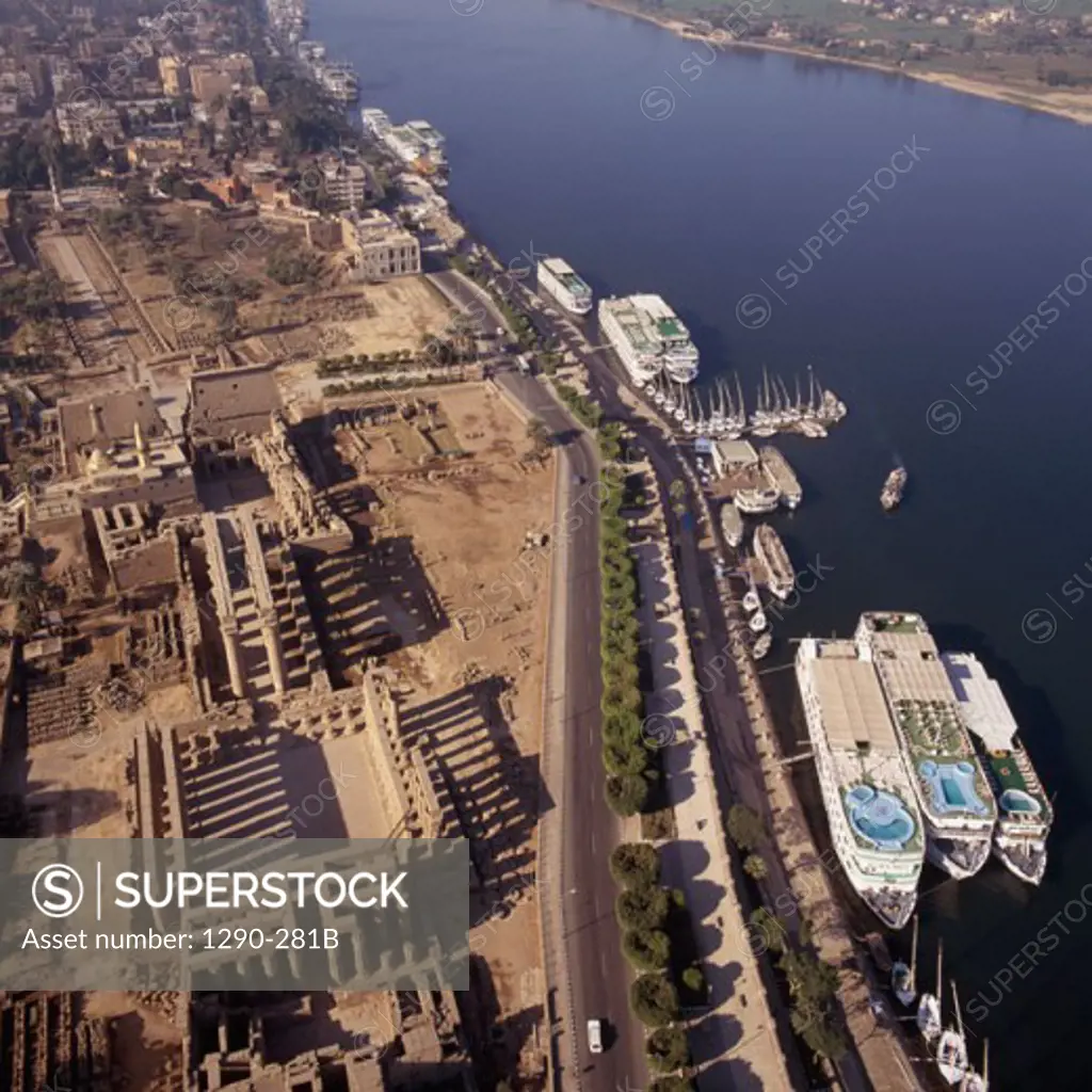 Aerial view of boats and cruise ships docked in a harbor, Luxor, Egypt