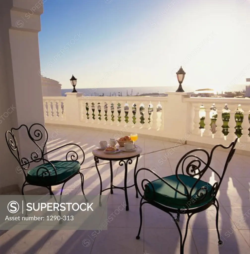 Breakfast on a table on the balcony of a hotel, Sharm el Sheikh, Egypt