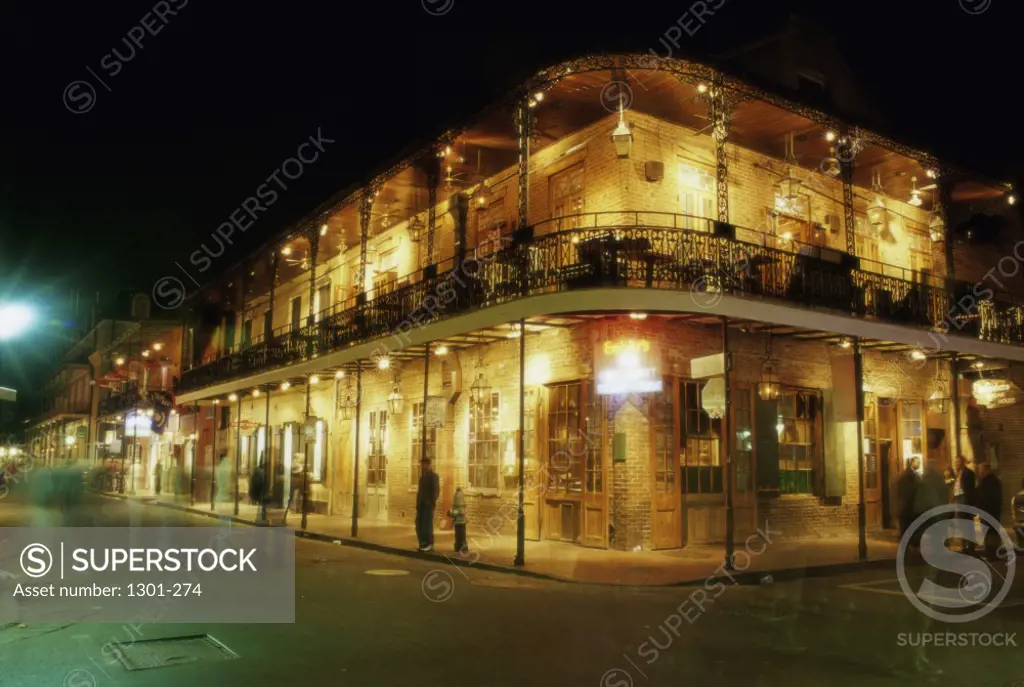 Building lit up at night, Bourbon Street, New Orleans, Louisiana, USA