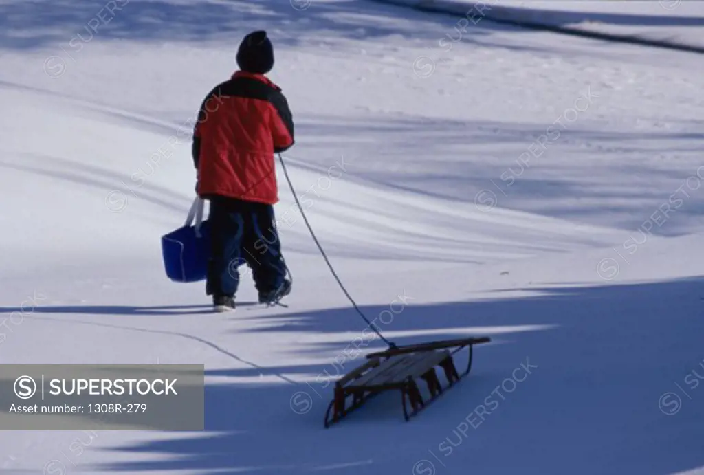 Rear view of a boy pulling a sled