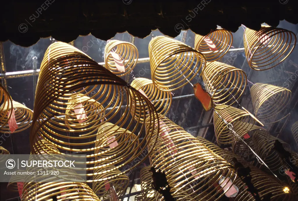 Close-up of hanging incense in a Chinese temple, Man Mo Temple, Hong Kong, China
