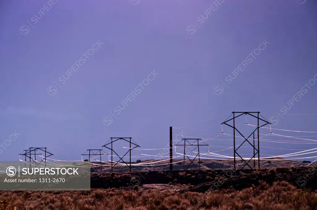 Power lines at dusk, New Mexico, USA