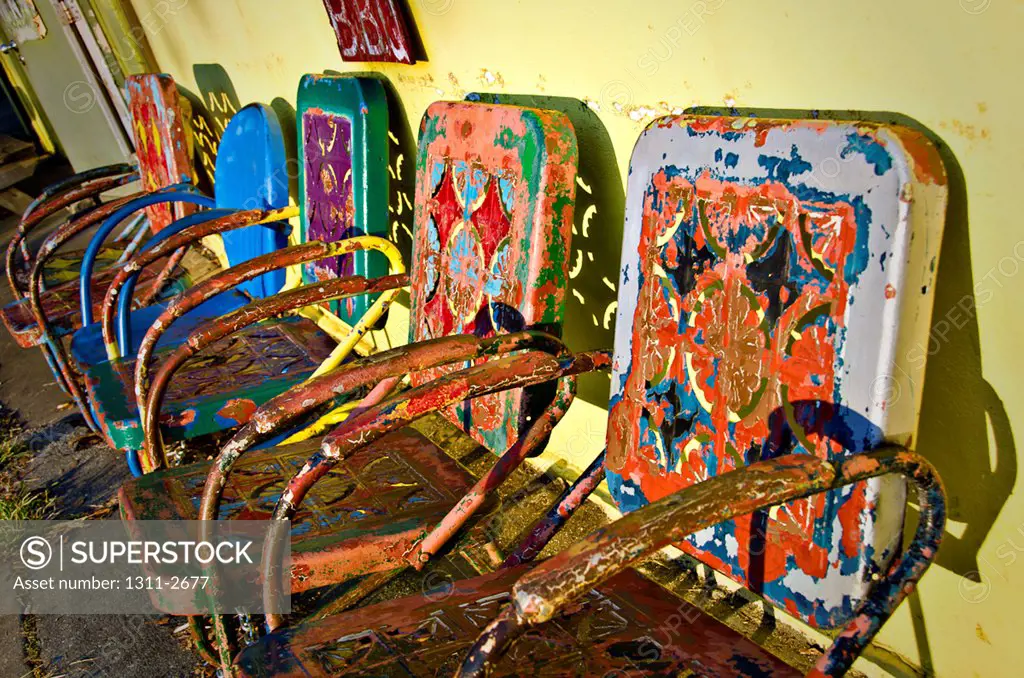 Colorful chairs at a bar-be-que restaurant, The Joint, Bywater, Ninth Ward, New Orleans, Louisiana, USA