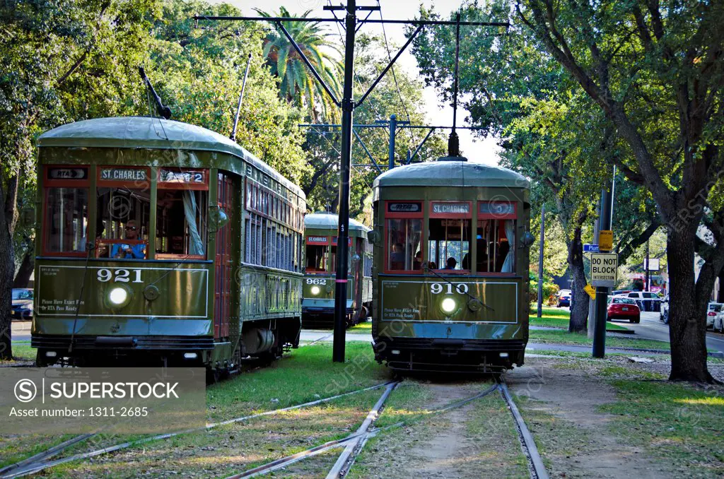 Trams in a city, New Orleans, Louisiana, USA