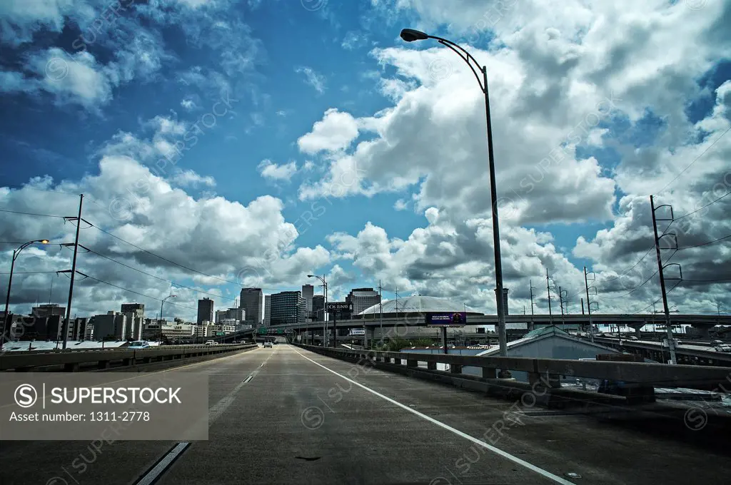 The road to New Orleans. The view from i-10 as it approaches the city.