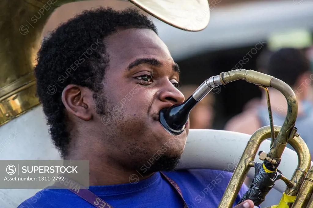 Tuba player at a second line parade in New Orleans.