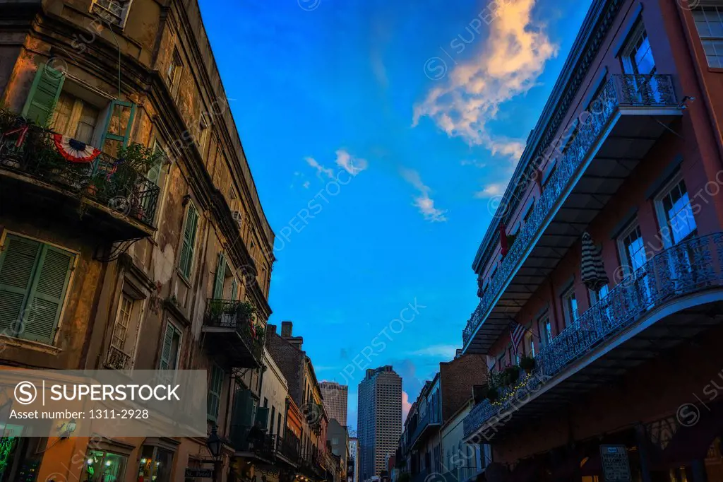 Royal Street in New Orleans' French Quarter as dusk comes to it.