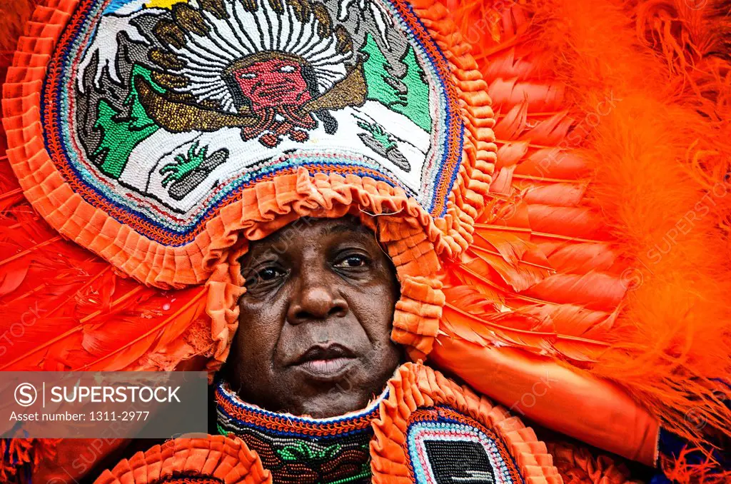 Mardi Gras Indians masked for The Fest of St. Jopseph on Super Sunday in New orleans.