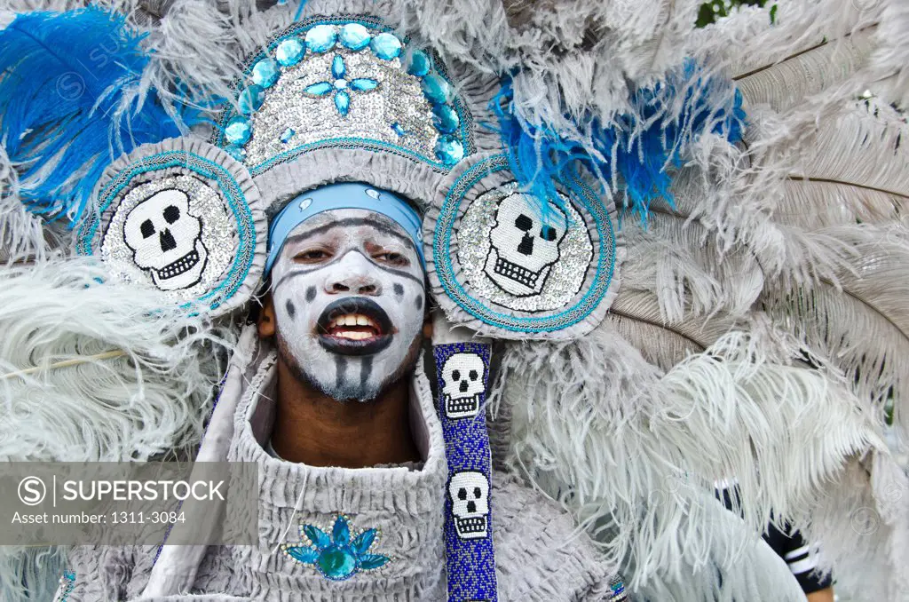 White and blue Mardi Gras Indian