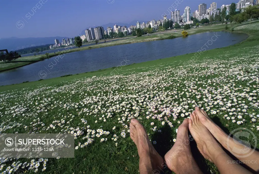Low section view of a man and a woman in a park, Vanier Park, Vancouver, British Columbia, Canada