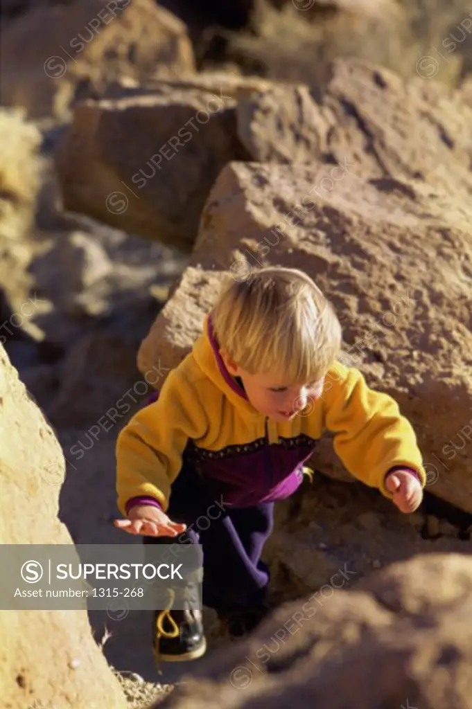 High angle view of a boy climbing rocks