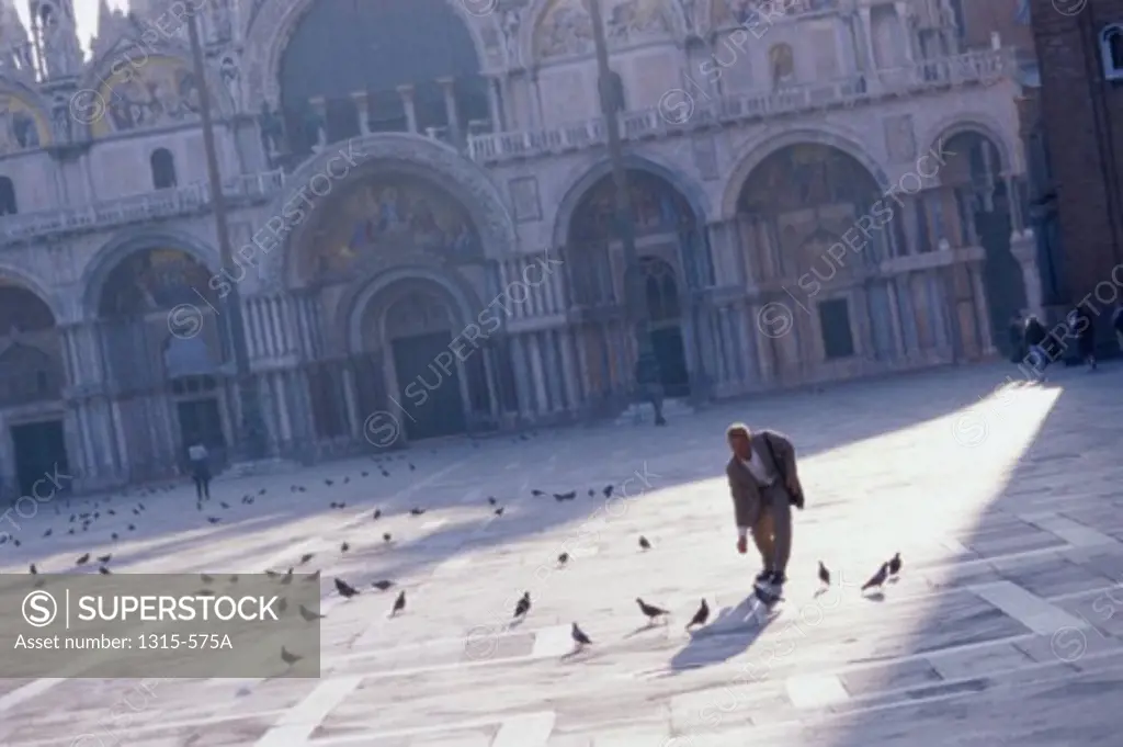 Mature man feeding pigeons in front of a basilica, Basilica di San Marco, Venice, Italy