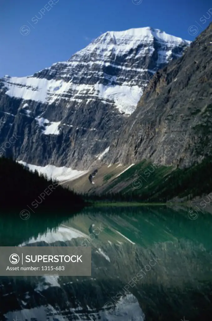Reflection of a mountain in a lake, Mount Edith Cavell, Jasper National Park, Alberta, Canada