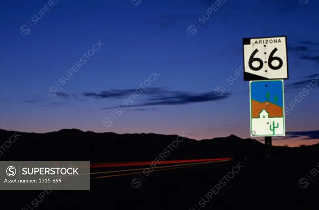Road sign at a highway, Route 66, Kingman, Arizona, USA
