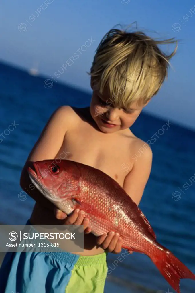Close-up of a boy holding a Red Snapper, Baja California, Mexico