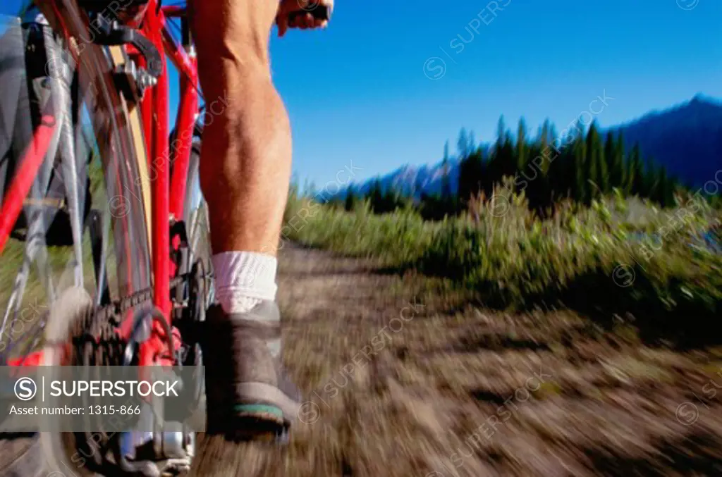 Low section view of a man mountain biking