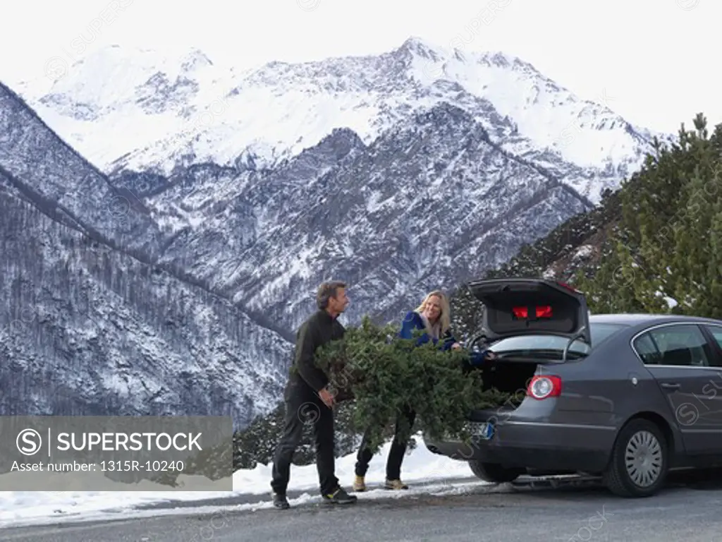 Italy, Piedmont, Couple putting Christmas tree into car