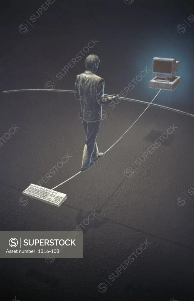 Man tightrope walking on a wire connecting a keyboard and a computer monitor