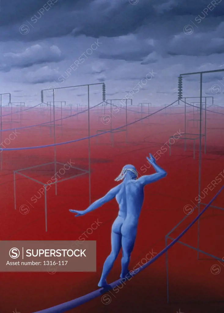 High angle view of a blindfolded nude man walking on a power cable