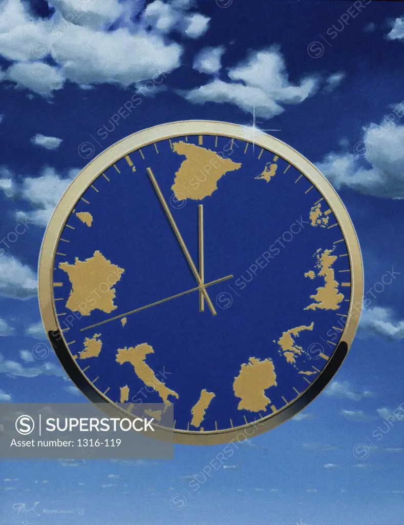 Close-up of a clock with a map of Europe as the dial