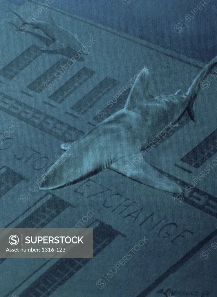 High angle view of two sharks swimming underwater over a stock exchange building