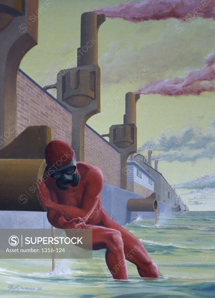 Man blocking the flow of toxic waste in the river with smoke emitting from handgun shaped smoke stacks in the background