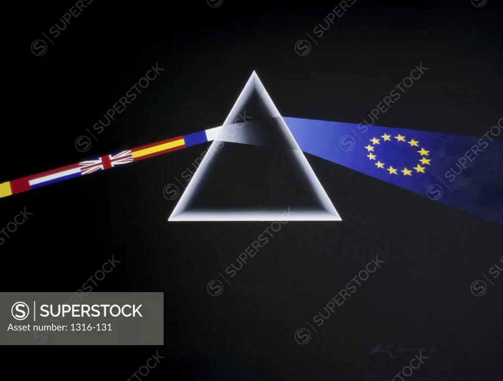 Flags of various European countries entering prism and emerging as European Union flag