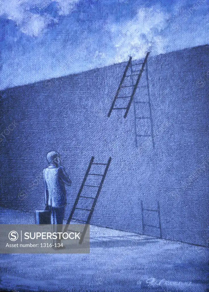 Side profile of a businessman looking at a broken ladder