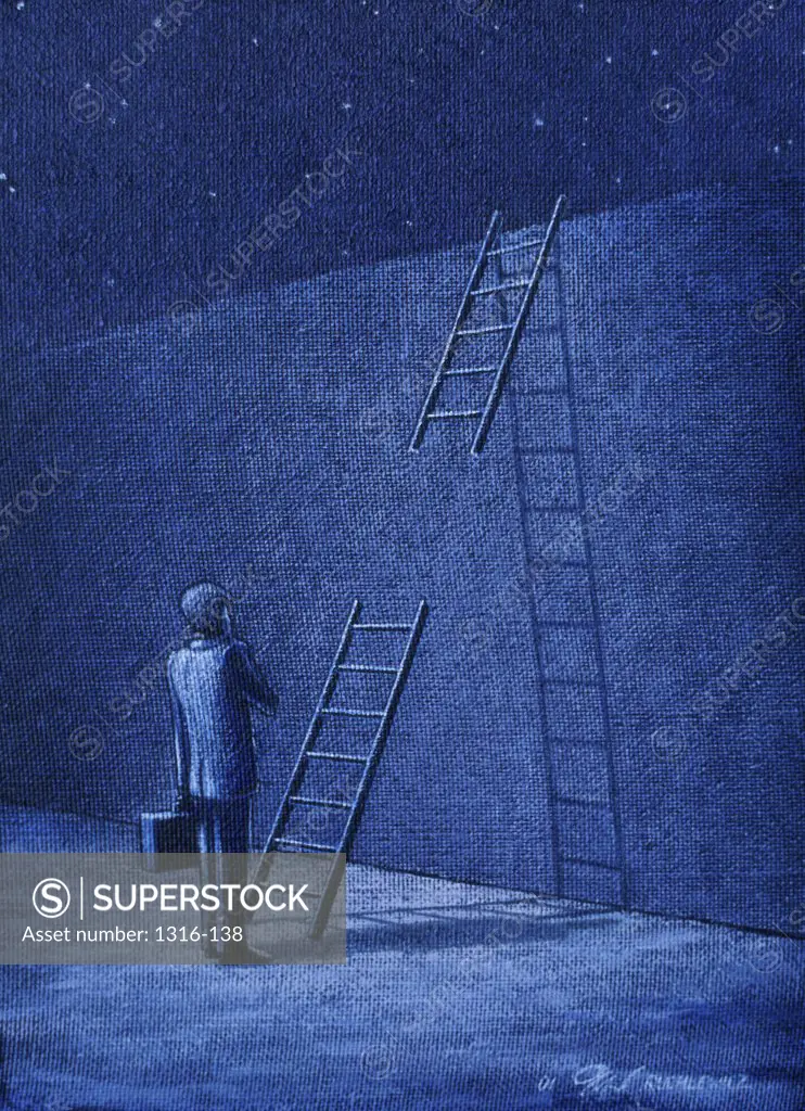 Rear view of a businessman looking at a broken ladder