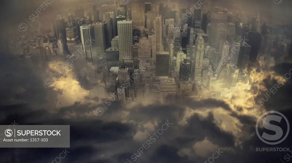 Skyline surrounded by clouds, New York City, USA