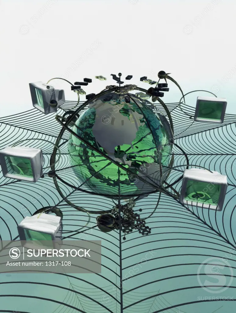 Computer graphic of the globe surrounded by computers