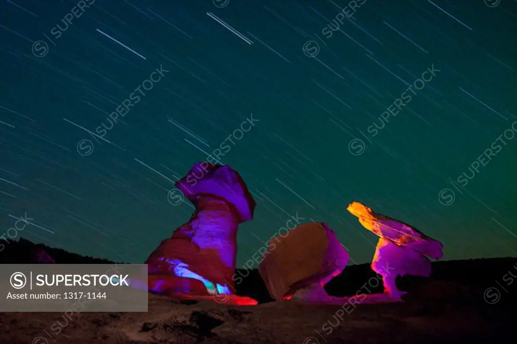 Star trails over hoodoos at night, Stud Horse Point, Utah-Arizona Border, USA