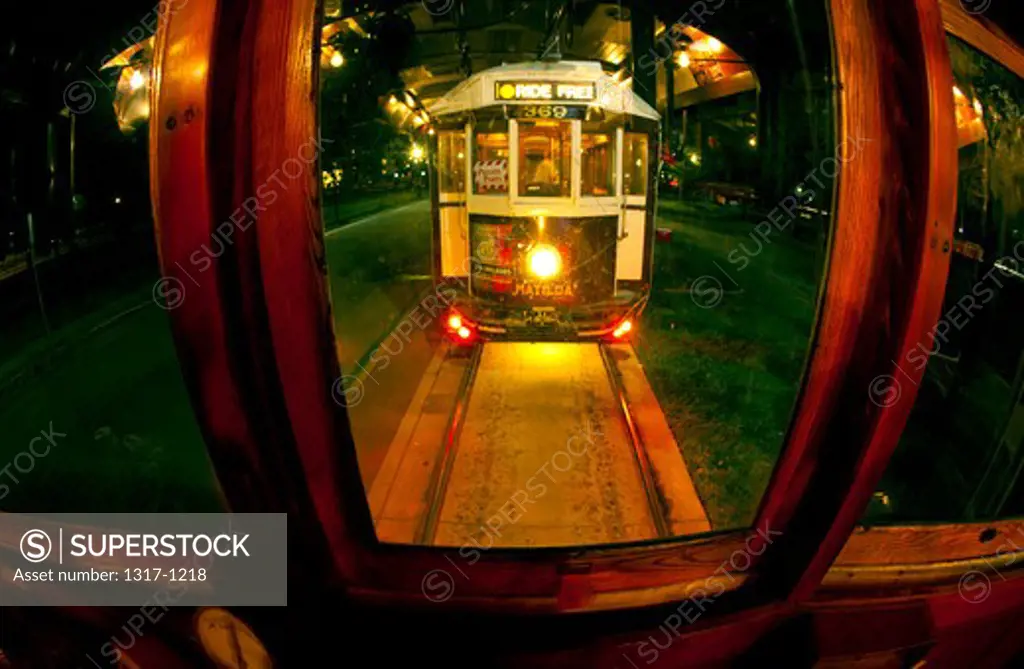 USA, Texas, Dallas, Interior view of Trolley at night