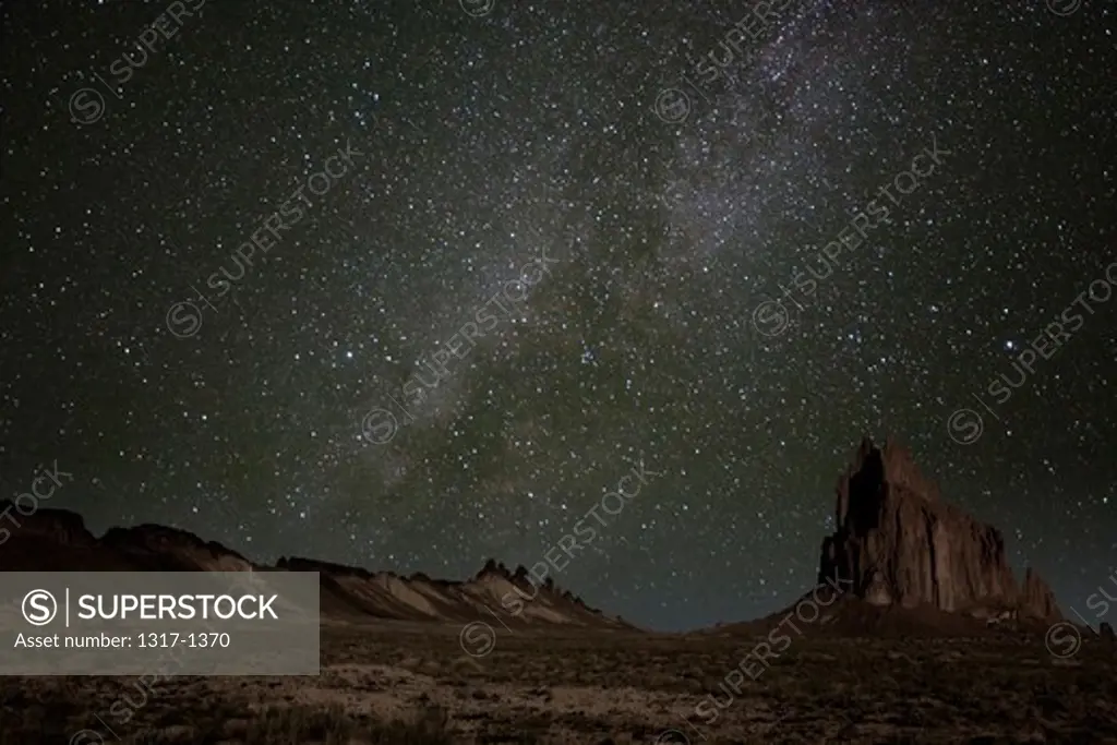 USA, New Mexico, Tse Bi Dahi, Shiprock at night with milky way, Navajo sacred site