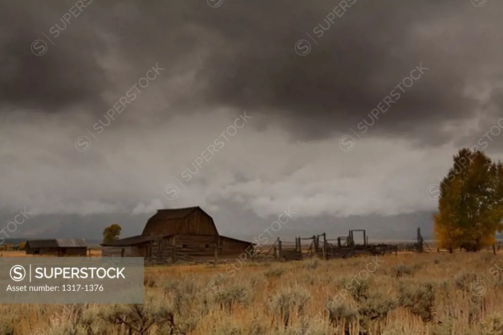 USA, Wyoming, Grand Teton National Park, Mormon Row Barn during thunderstorm