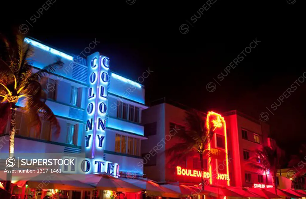 Neon signs lit up at night, Art Deco District, South Beach, Miami Beach, Miami-Dade County, Florida, USA