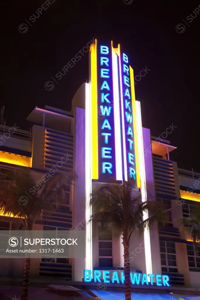 Hotel lit up at night, Art Deco District, South Beach, Miami Beach, Miami-Dade County, Florida, USA