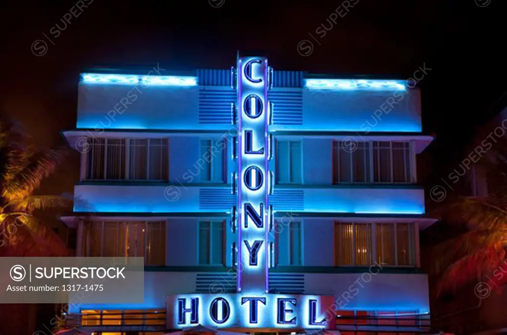 Hotel lit up at night, Art Deco District, South Beach, Miami Beach, Miami-Dade County, Florida, USA