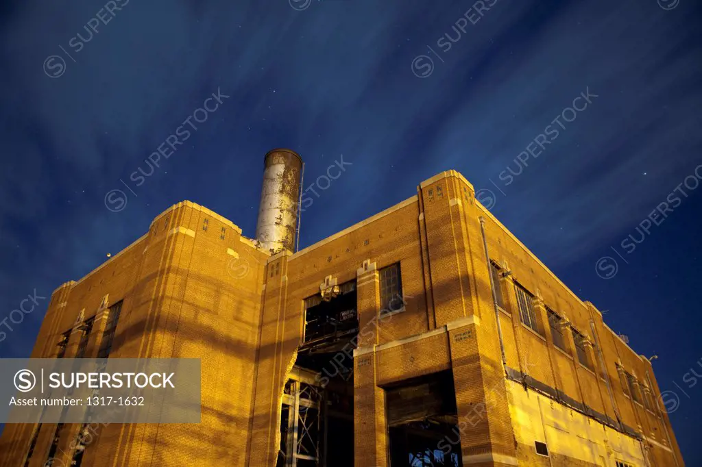 USA, Texas, Abandoned old power plant at night