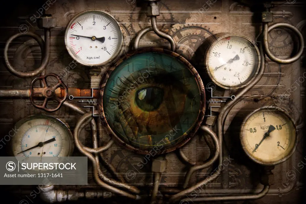 Abstract steampunk machinery with human eye