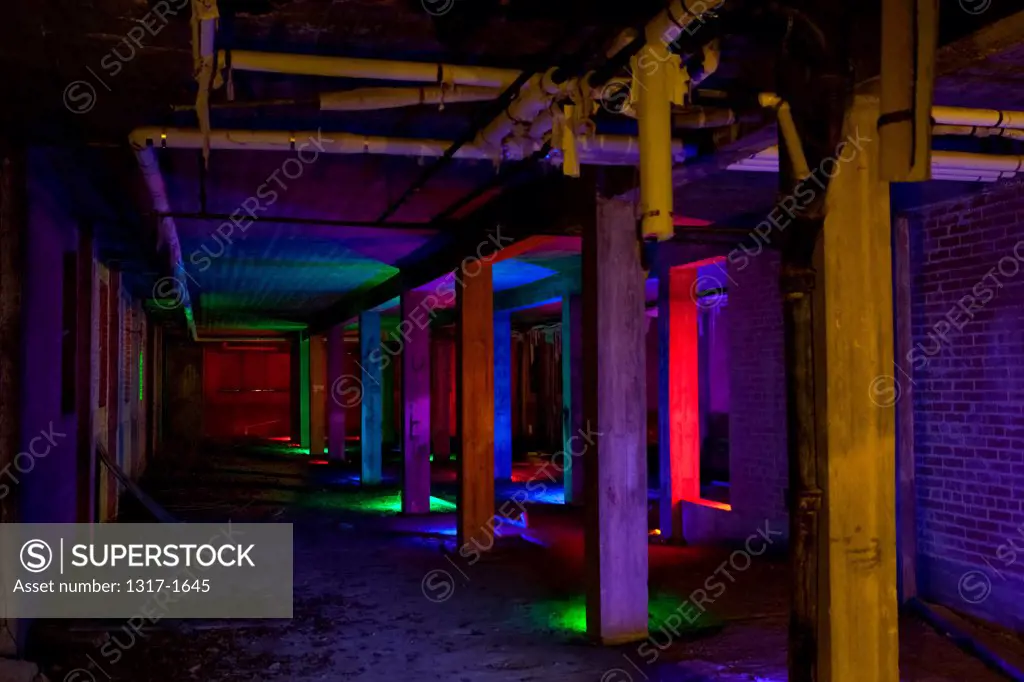 USA, Texas, Abandoned old orphanage building interior at night