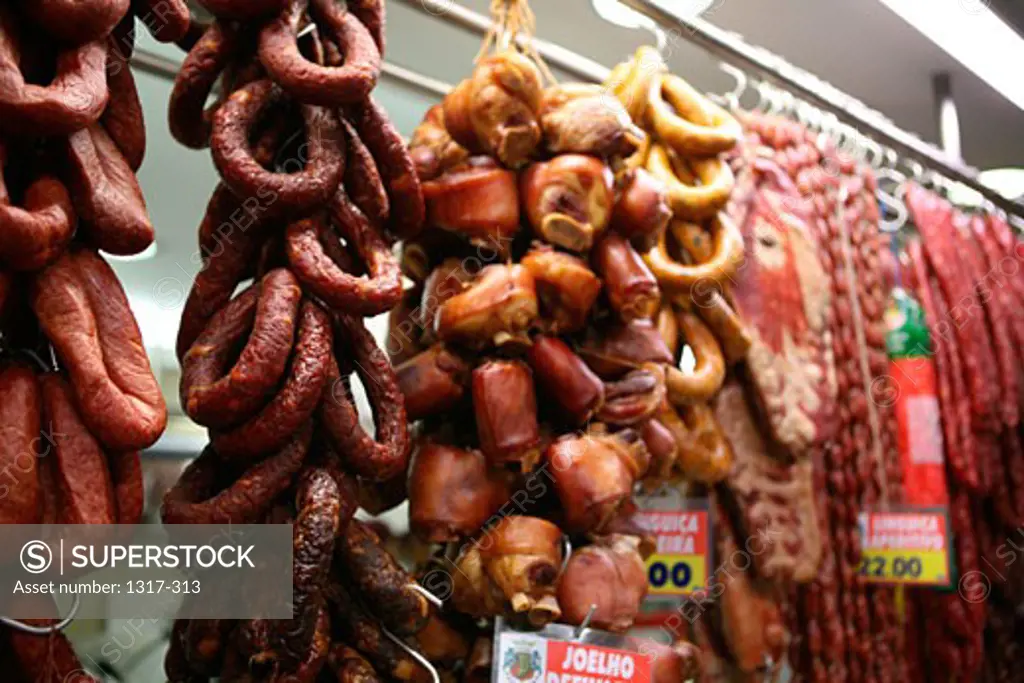 Meat products in a butcher's shop, Sao Paulo, Sao Paulo State, Brazil