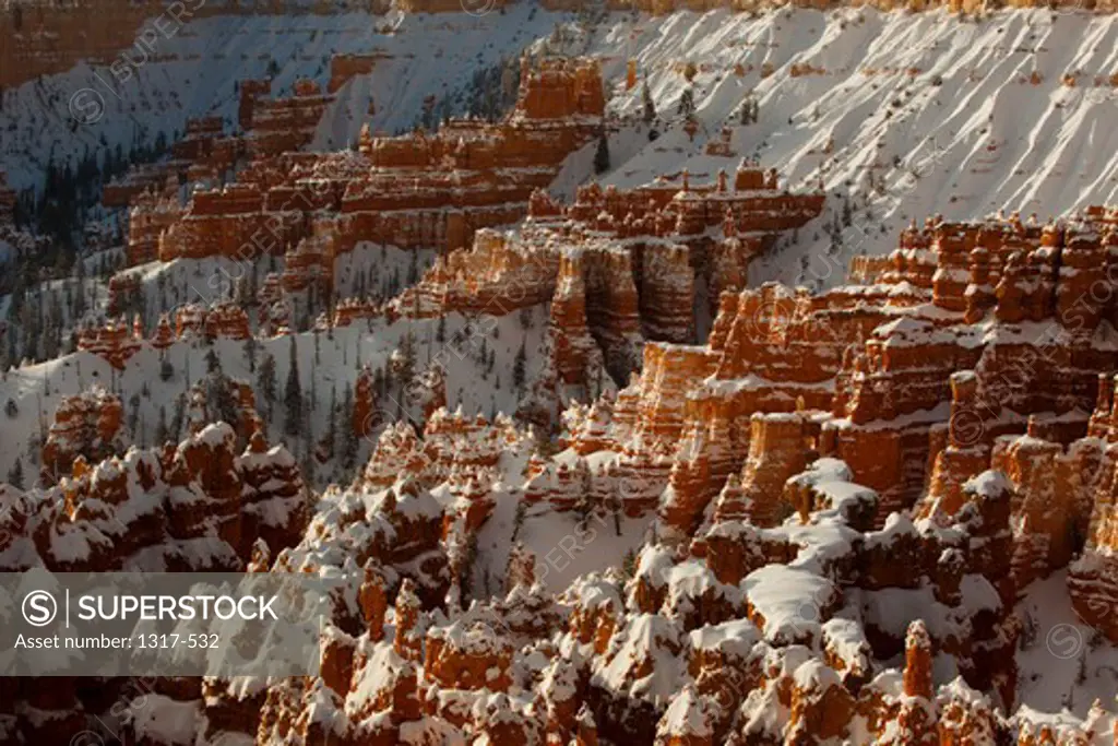 USA, Utah, Bryce Canyon National Park, Snow covered hoodoos