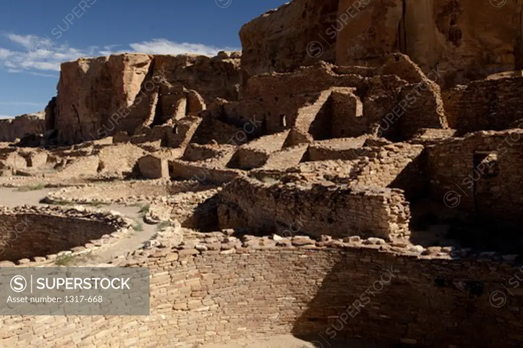 Ruins of buildings at an archaeological site, Chaco Culture National Historical Park, Chaco Canyon, New Mexico, USA