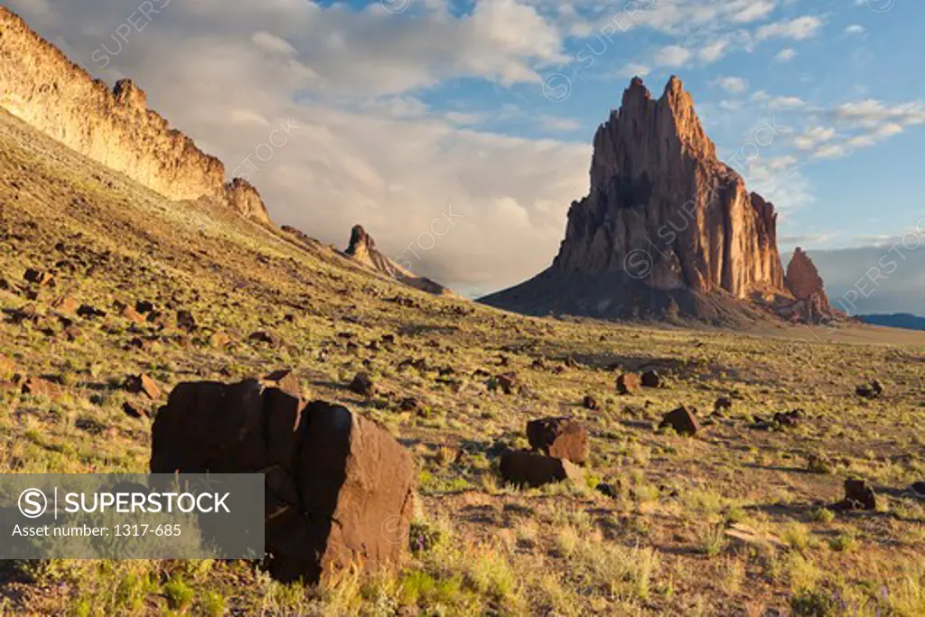 Rock formations in desert, Ship Rock, San Juan County, New Mexico, USA