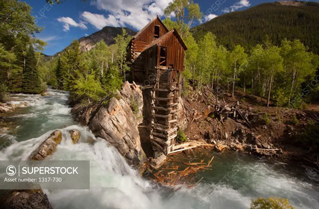 Mill near a waterfall, Crystal Mill, Crystal, White River National Forest, Gunnison County, Colorado, USA