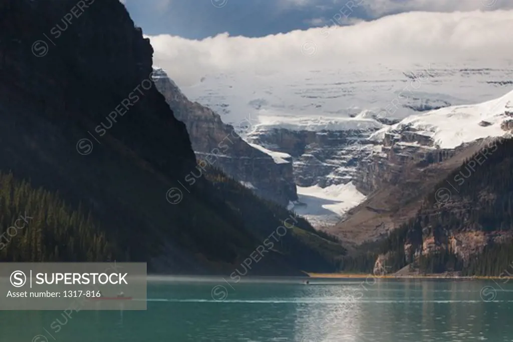Lake in front of mountains, Lake Louise, Banff National Park, Alberta, Canada