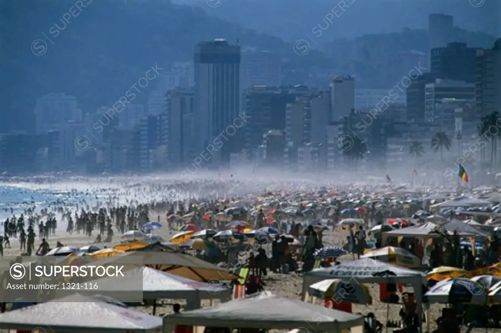 High angle view of tourists on the beach, Rio de Janeiro, Brazil