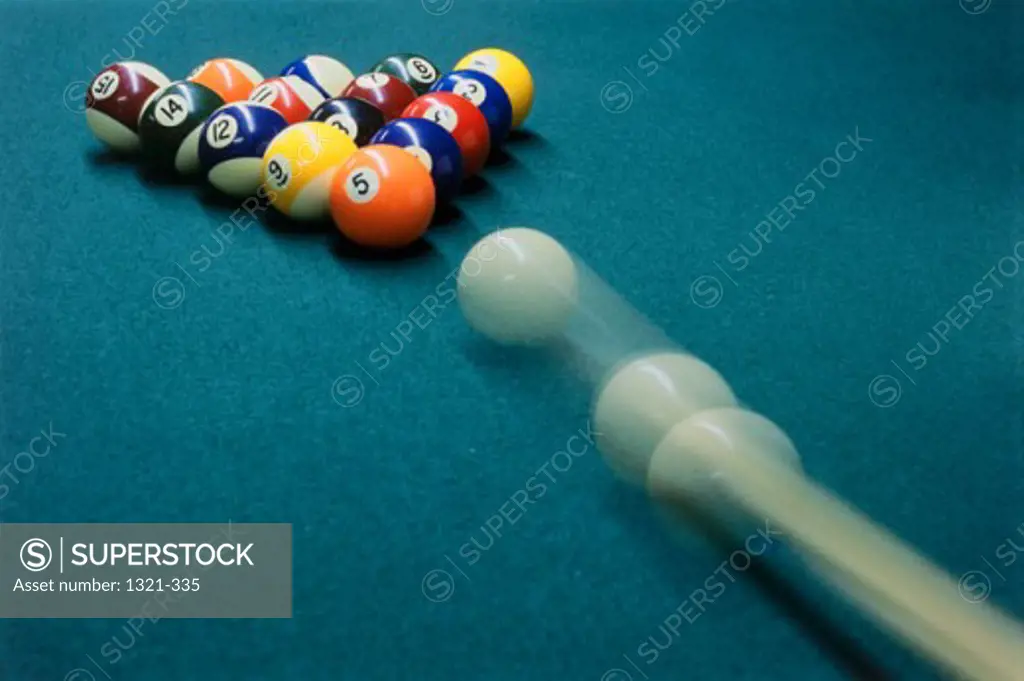 High angle view of pool balls on a pool table